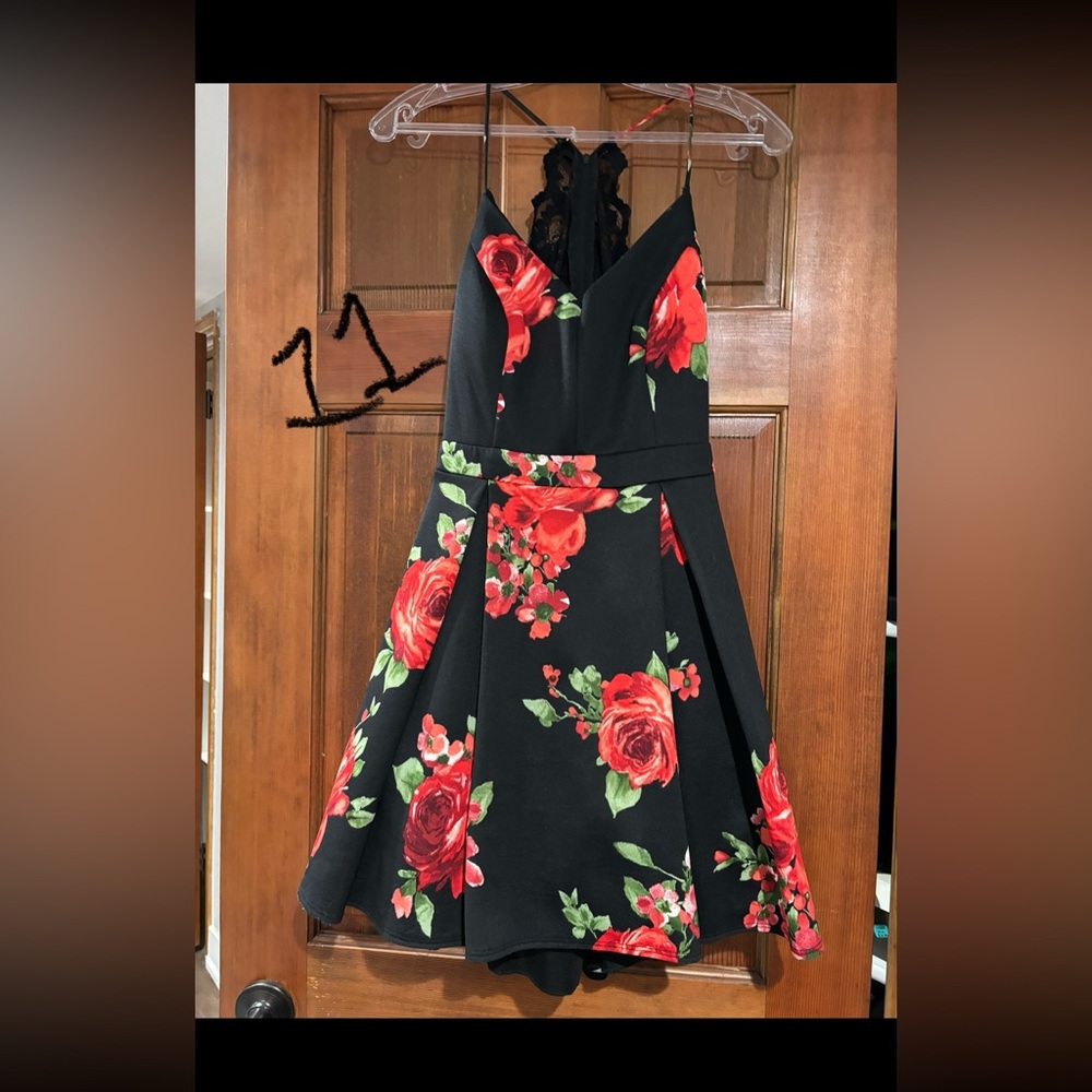 Macy's Elegant Black Mini Dress with Vibrant Red Floral Pattern